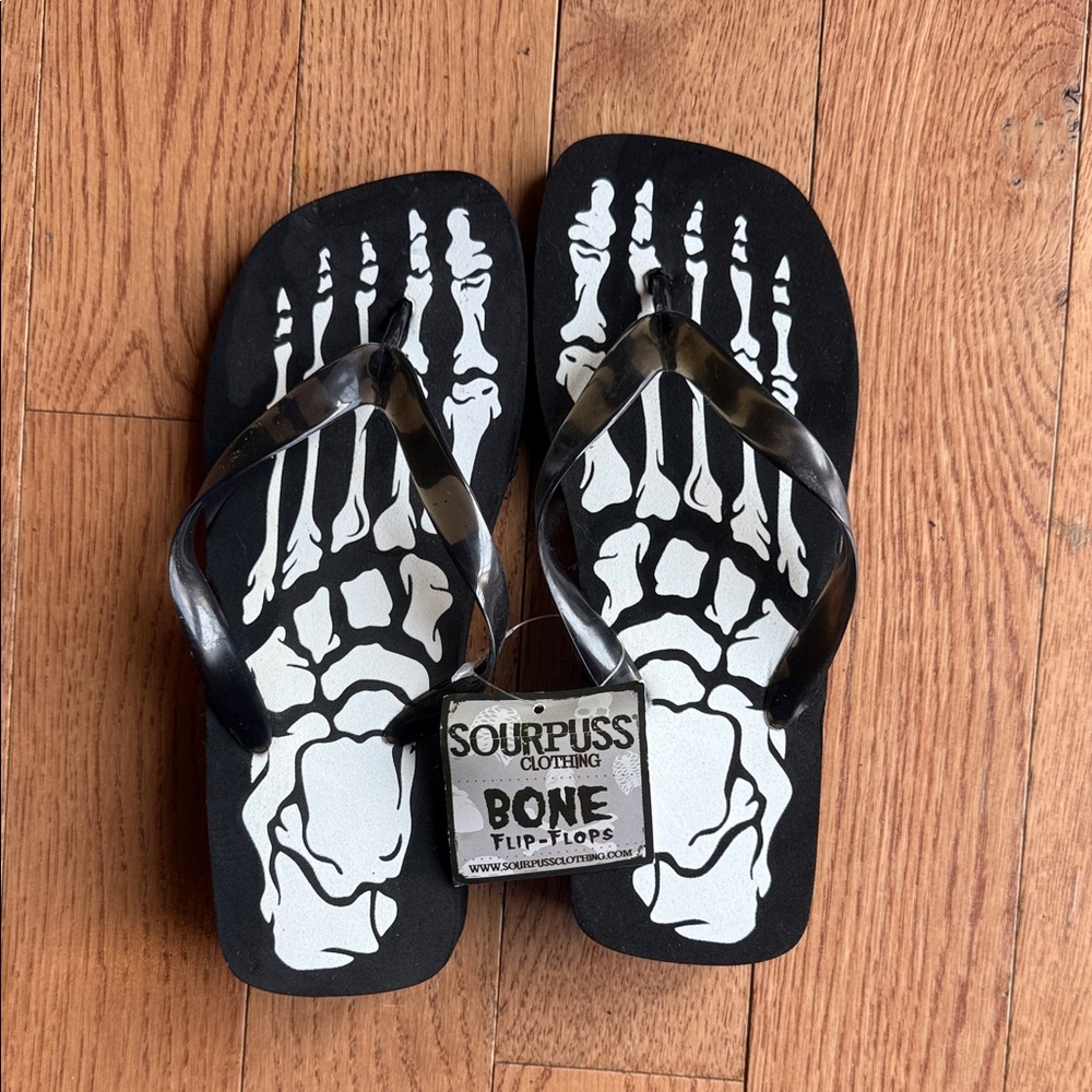 Sourpuss Black and White Skeleton Flip-Flops